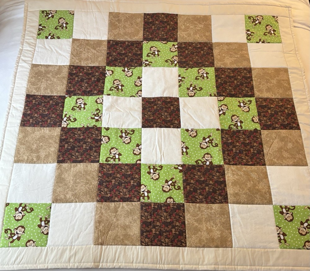 Handmade Quilt Monkey Themed 48”x47” Reversible Green Brown Cream Patchwork