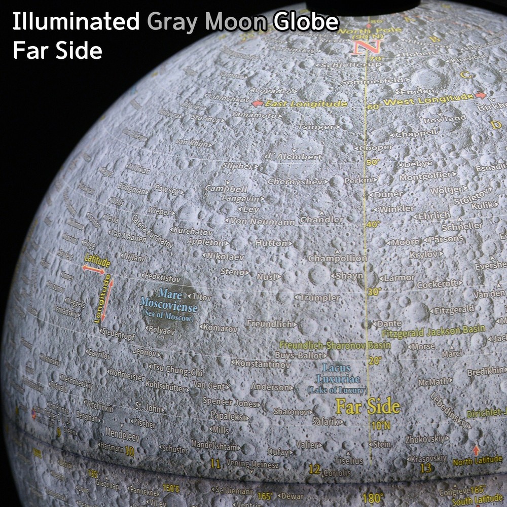 Mapsoft Explorer Illuminated Gray Moon Globe, 24cm/9.5", MI-24, Lamp, Light, Map