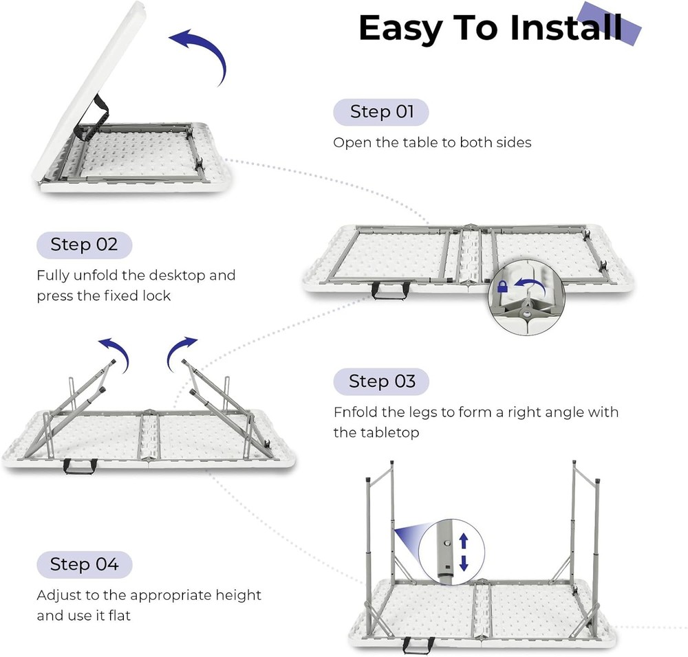 Folding Table 4 Foot Portable Heavy Duty Plastic Fold-in-Half Utility Table