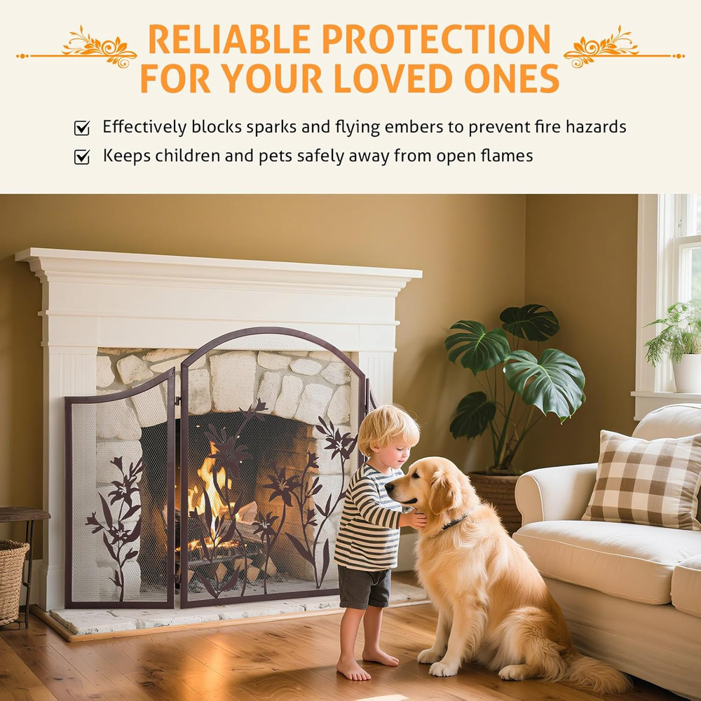 Fireplace Screen 3 Panel Folding Fireplace Screens 48.4 X 25.6 Inch Lily Pattern
