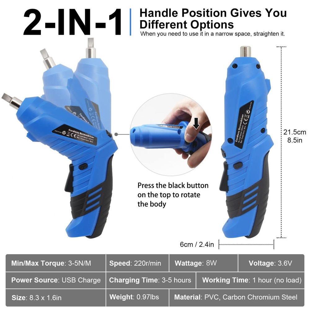 3.7V Cordless Screwdriver Set, Rechargeable Drill with 47 Bits & LED Light