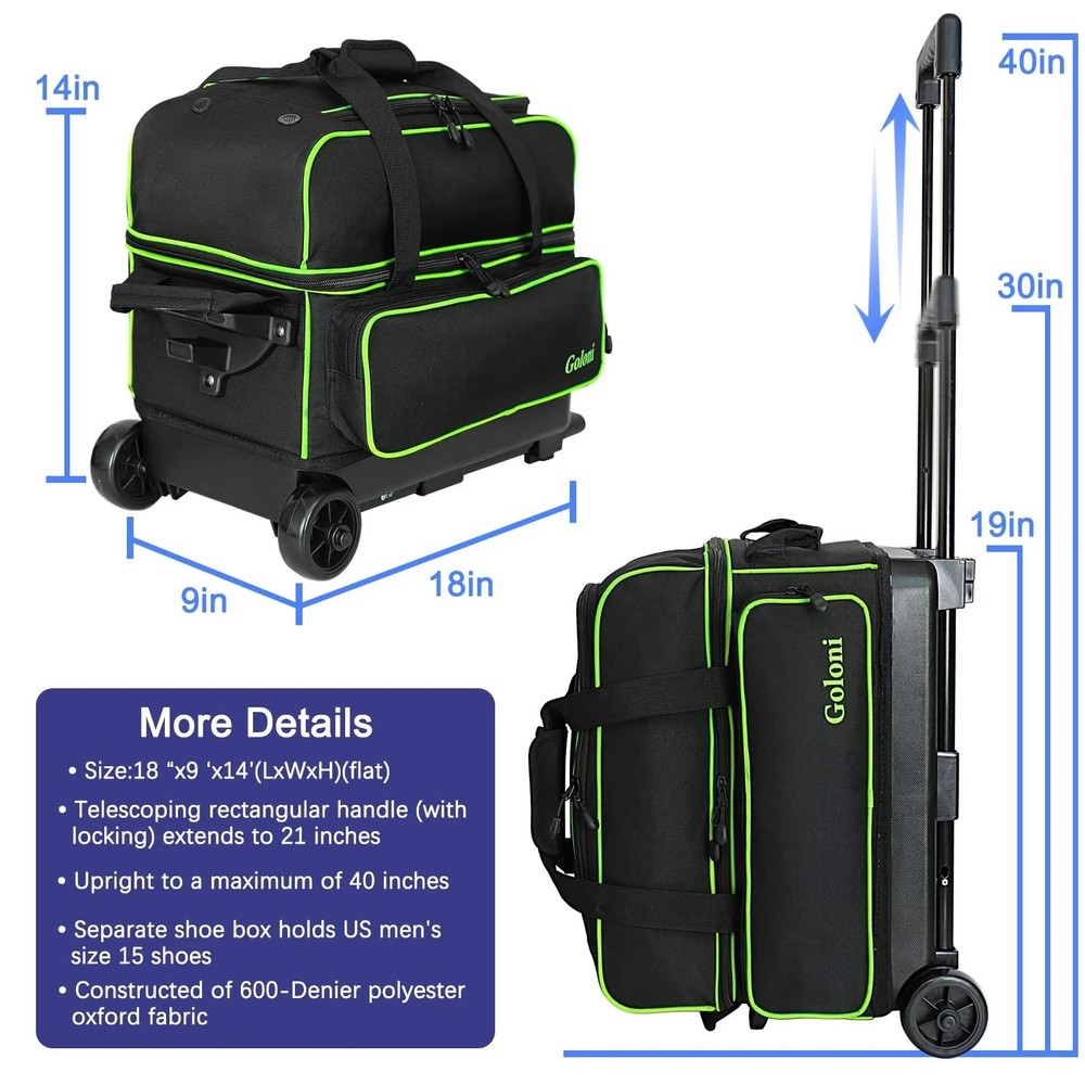 Double Roller 2 two bowling ball bag with wheels with Separate Shoe Compartme...