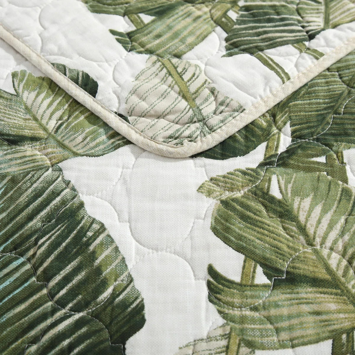 Queen Quilt Set Green Coastal Botanical Tropical Floral Bahama Exotic Leaves 3Pc