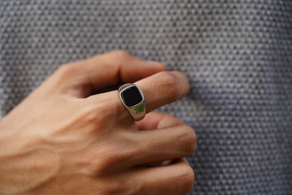 Cushion Black Onyx Ring in Silver or Gold Natural Gemstone Ring For Husband Mens