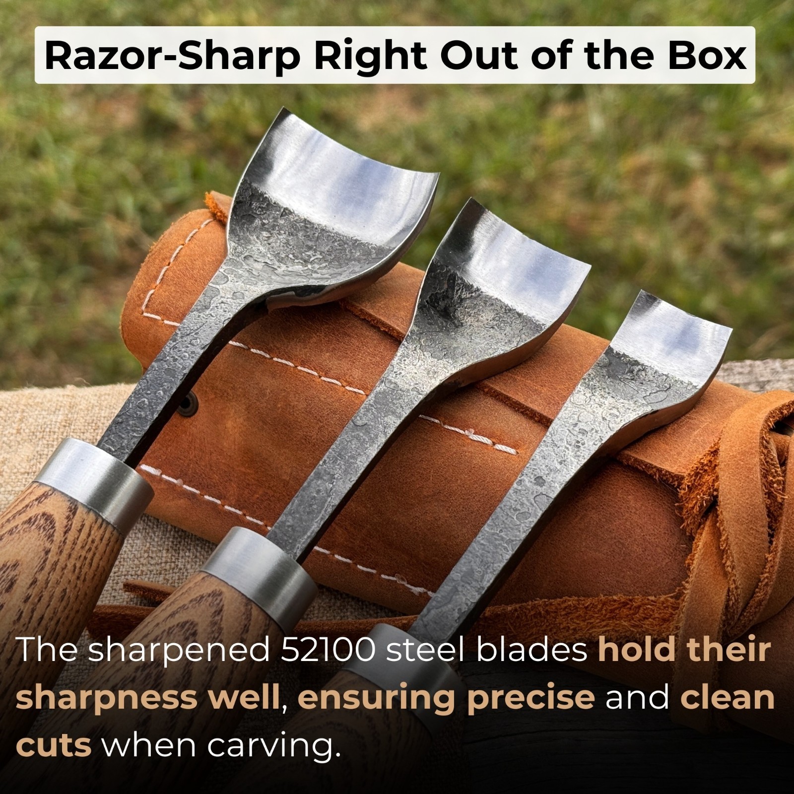 Set of 3 - 0.8, 1.2, 1.6'' Spoon Carving Gouges Hand-Forged Tool Bowls, Kuksas