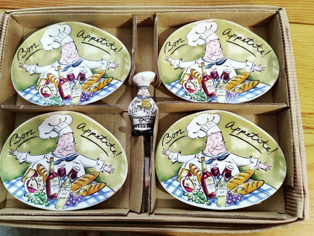 Mud Pie “Bon Appétit”  Tracy S Flickinger Appetizer Small Bite Plates w/spreader