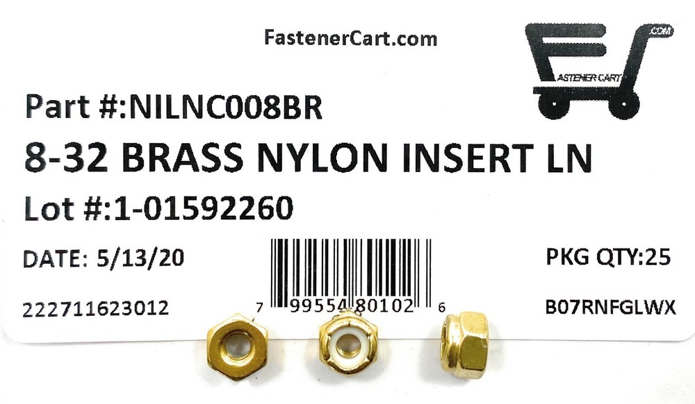 (25) 8-32 Brass Nylon Insert Lock Nuts Locking Hex Nuts #8-32 Solid Brass