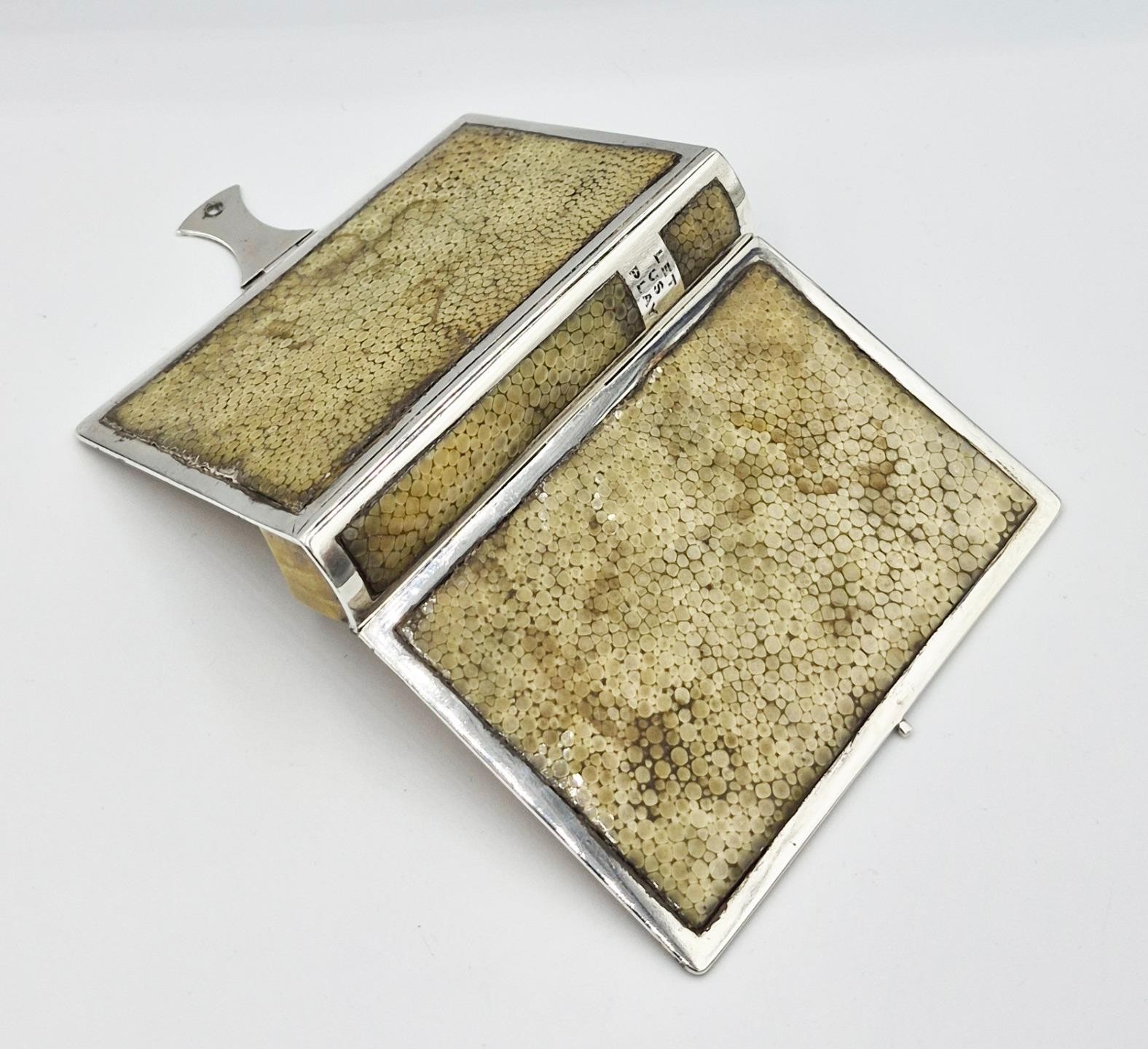 FINE NOVELTY SOLID SILVER & SHAGREEN "LET US PLAY" BOOK PLAYING CARD CASE c1910