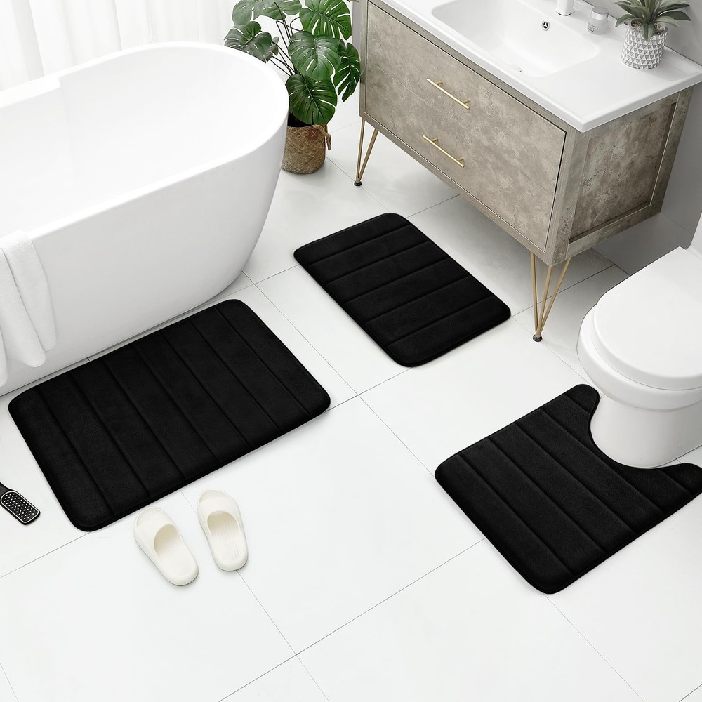 Washable Bath Mat Set, Soft Memory Foam, Non Slip 3pc, Black