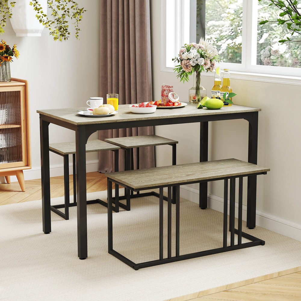 4-Piece Dining Table Set w/ Table & Bench & 2 Stools Office, Kitchen, Living