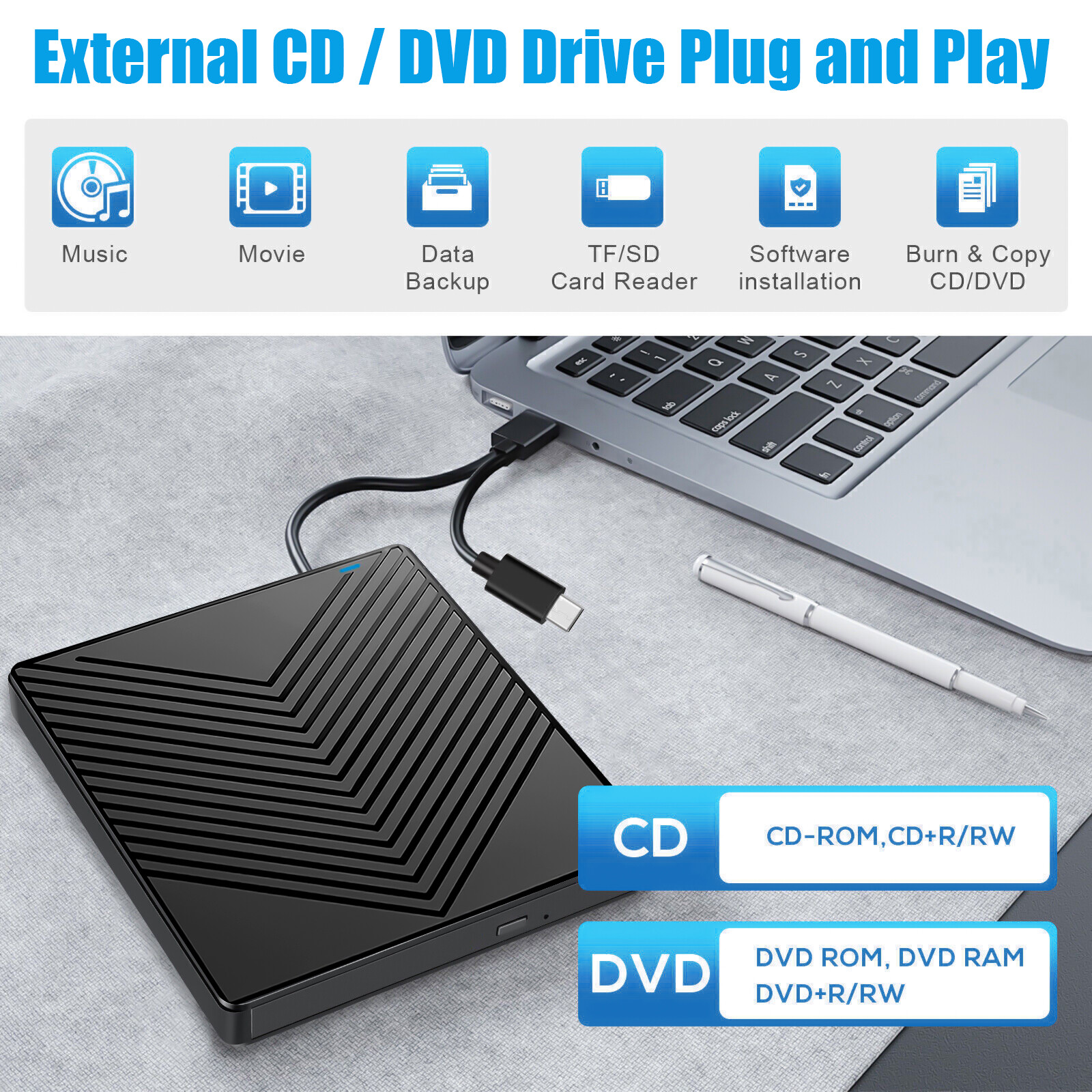 External CD DVD Drive for PC Laptop Windows 11 10 USB 3.0 Burner Reader Writer