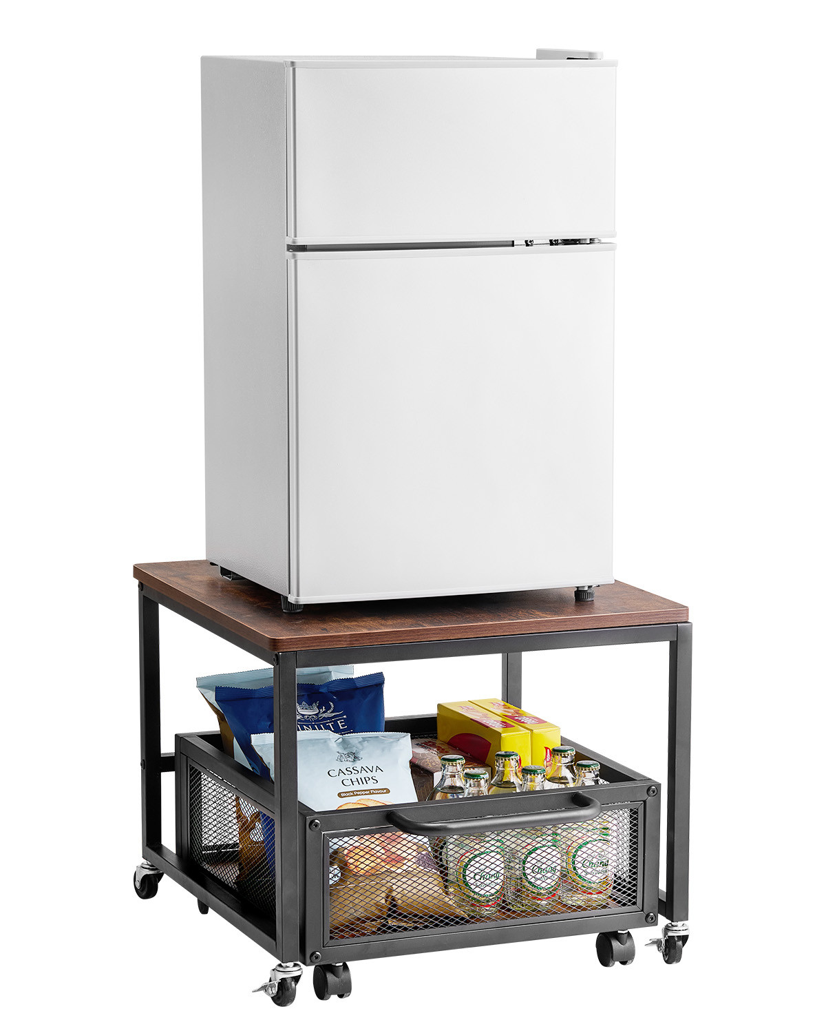 Mini Fridge Stand 198lbs with Storage Cart & Swivel Wheels Dark Brown