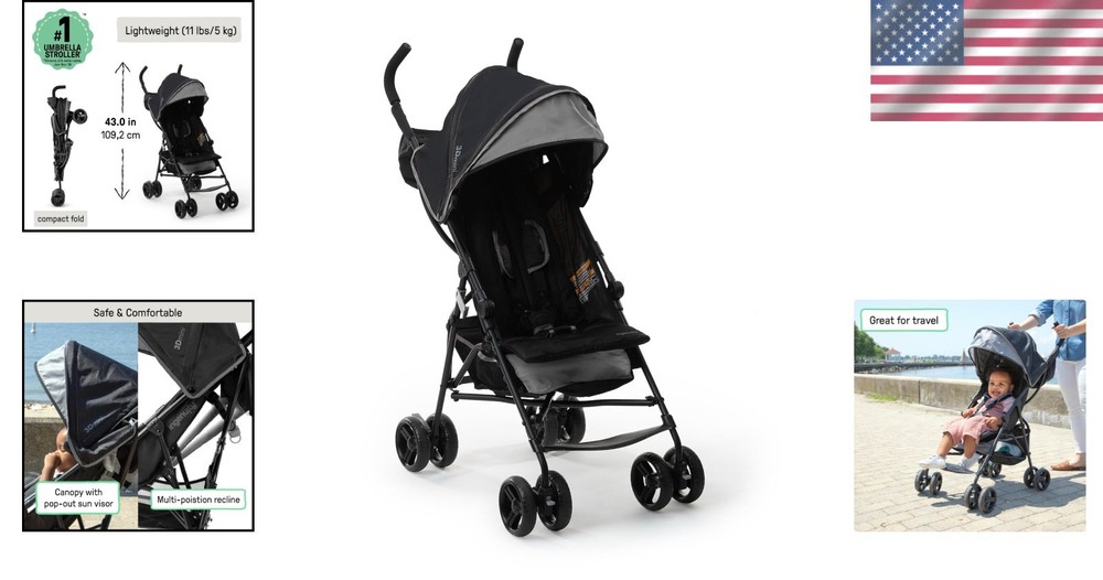3D Mini Lightweight Umbrella Stroller - Compact Fold, Sun Canopy & Recline, Gray