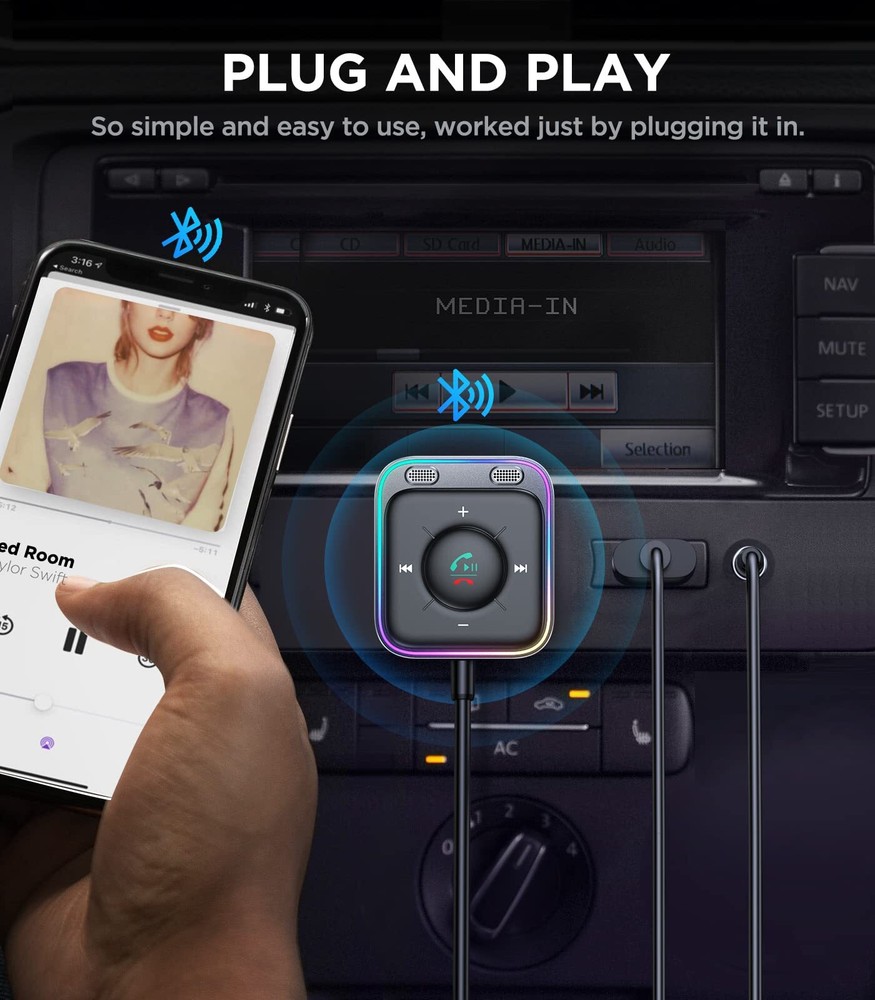 Bluetooth 5.4 AUX Car Adapter with Dual Mics and Noise Cancellation Black