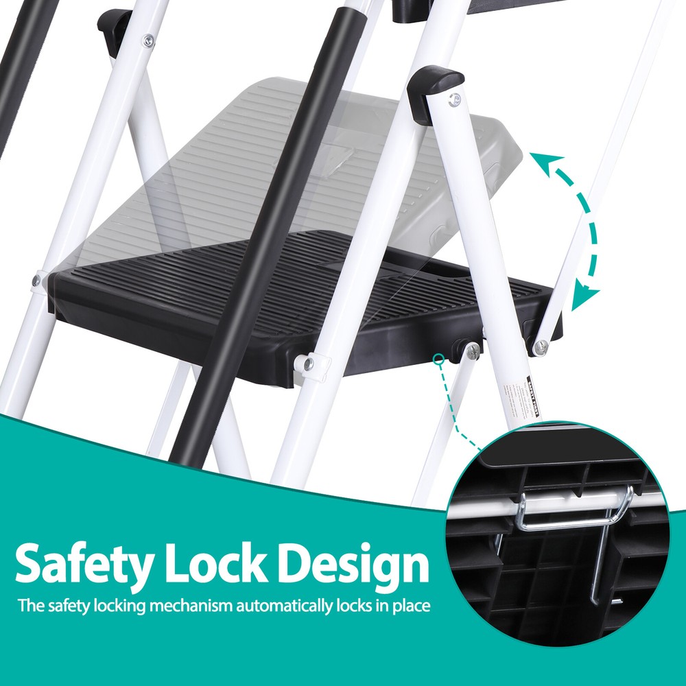 Folding 5 Step Ladder Sturdy Step Stool w/ Multi-Functional Tool Tray Household
