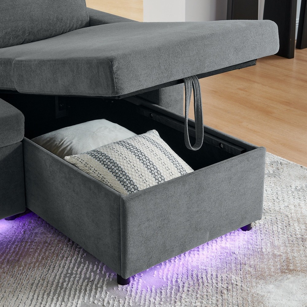 Convertible Sleeper Sofa Bed with Pull Out Bed & LED Lights & USB Charging Ports