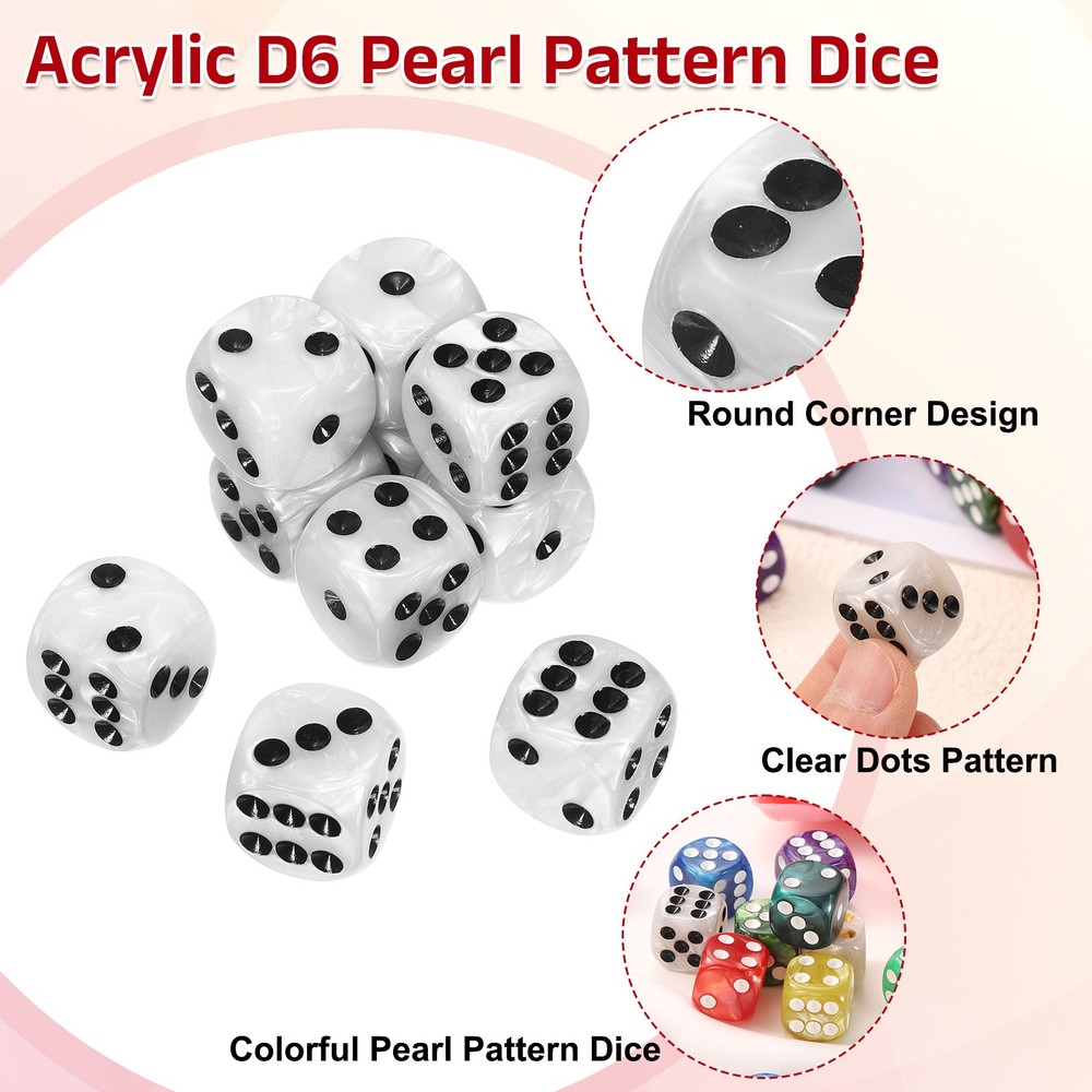 10Pcs 6 Sided Colored Standard Dice, Acrylic D6 Pearl Pattern Dice, Black Point