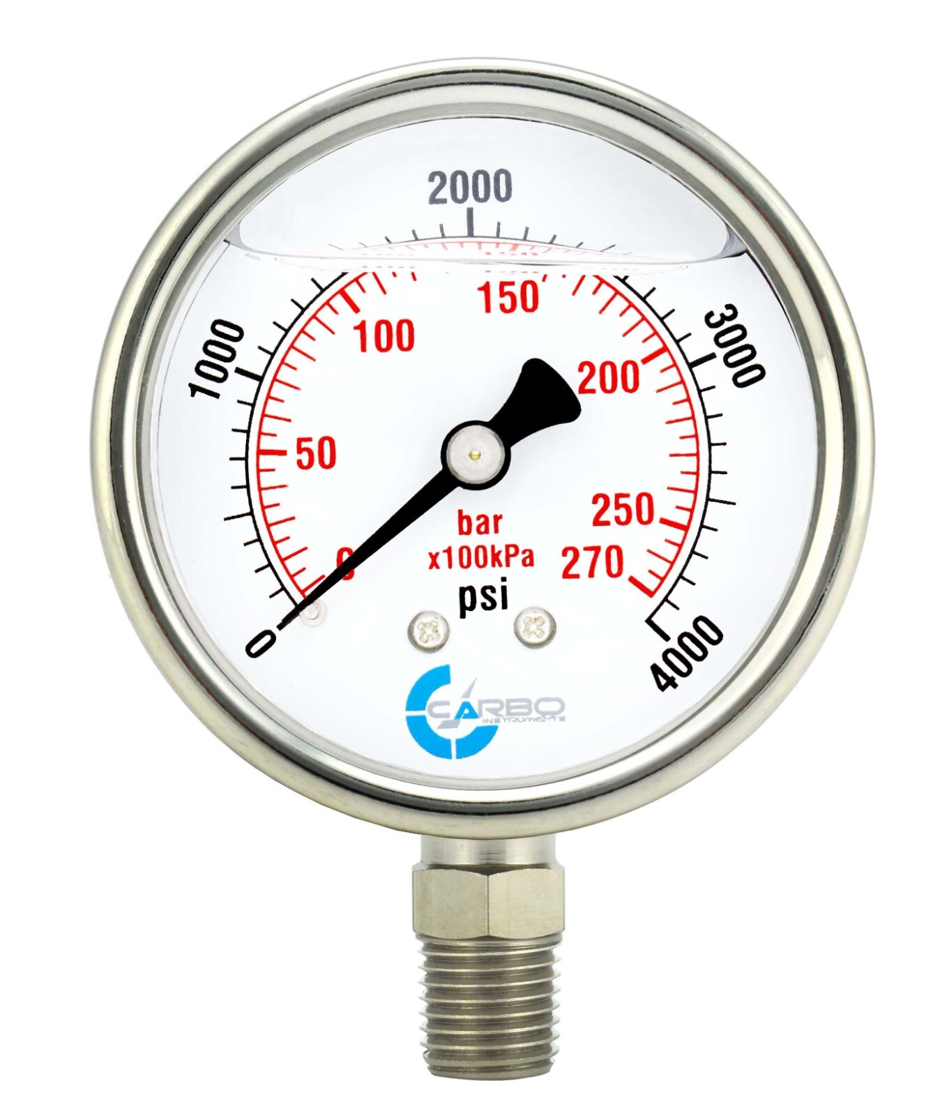 2.5" LIQUID FILLED PRESSURE GAUGE 0 - 4000 PSI, STAINLESS STEEL CASE LOWER MOUNT
