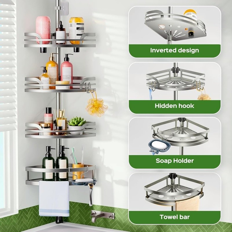Adjustable Shower Caddy Tension Pole 4-Tier Bathroom Organizer Rustproof Storage