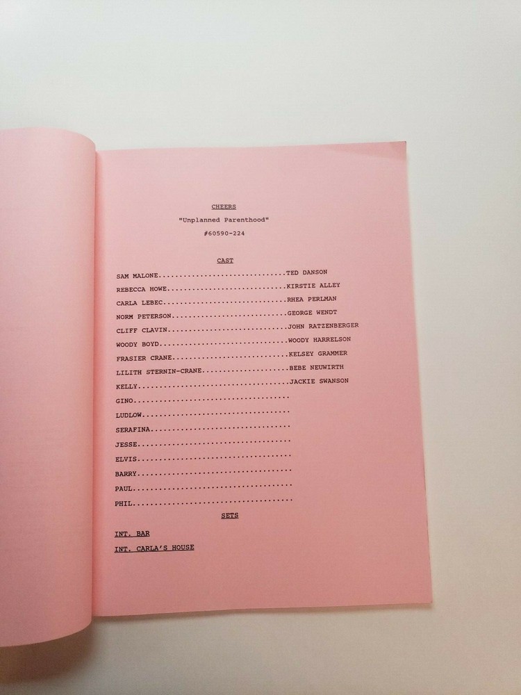 CHEERS / Dan Staley & Rob Long 1991 TV Script, Ted Danson "Unplanned Parenthood"