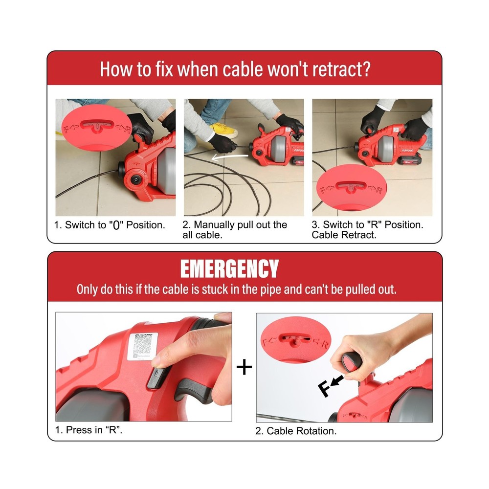 POPULO 20V Cordless Electric Drain Snake, 25Ft Replaceable Cable with 2.0Ah B...