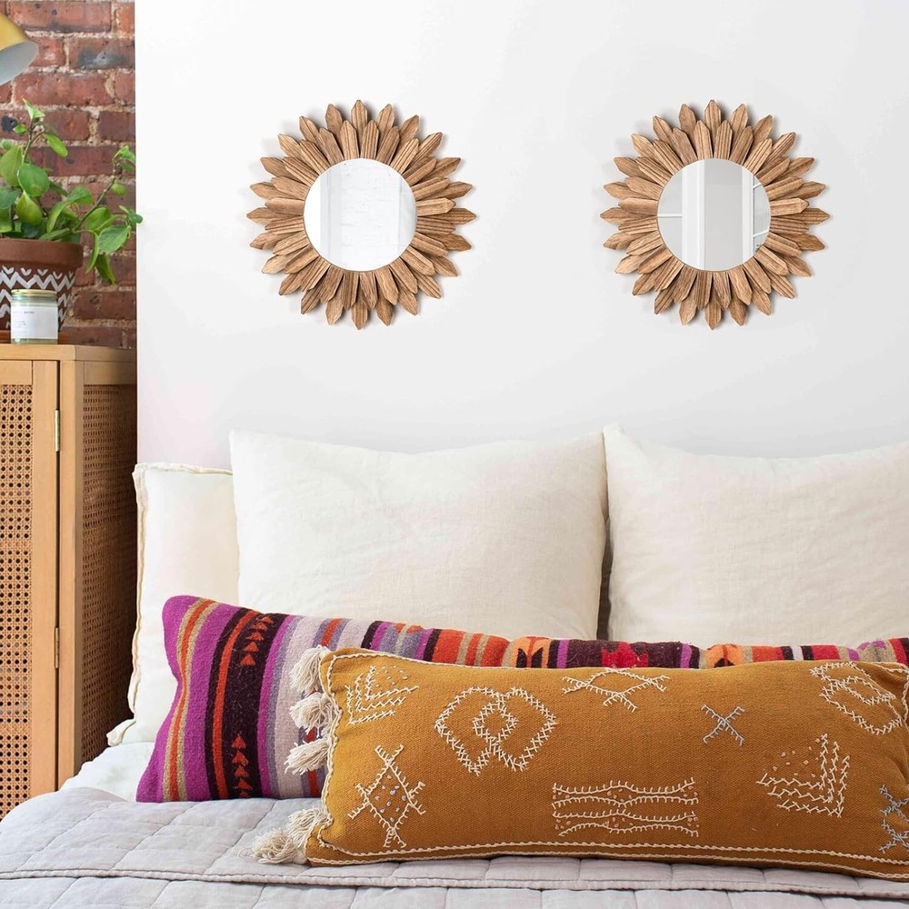 Boho Wall Decor Mirror 2 Pack Rustic Wood Mirror 12 inch Boho Mirror