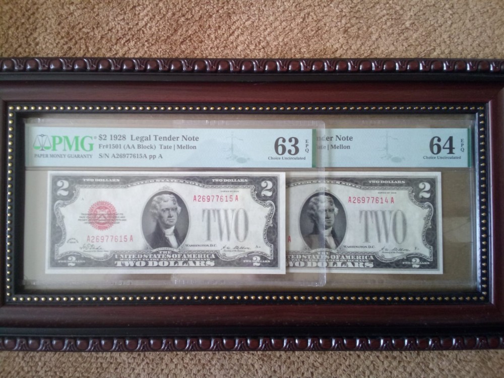 EXTR. RARE 1928 PLAIN $2 TWO DOLLAR PAIR CONSEC. NOTES,CU,PMG 63,64 EPQ,GIFT SET