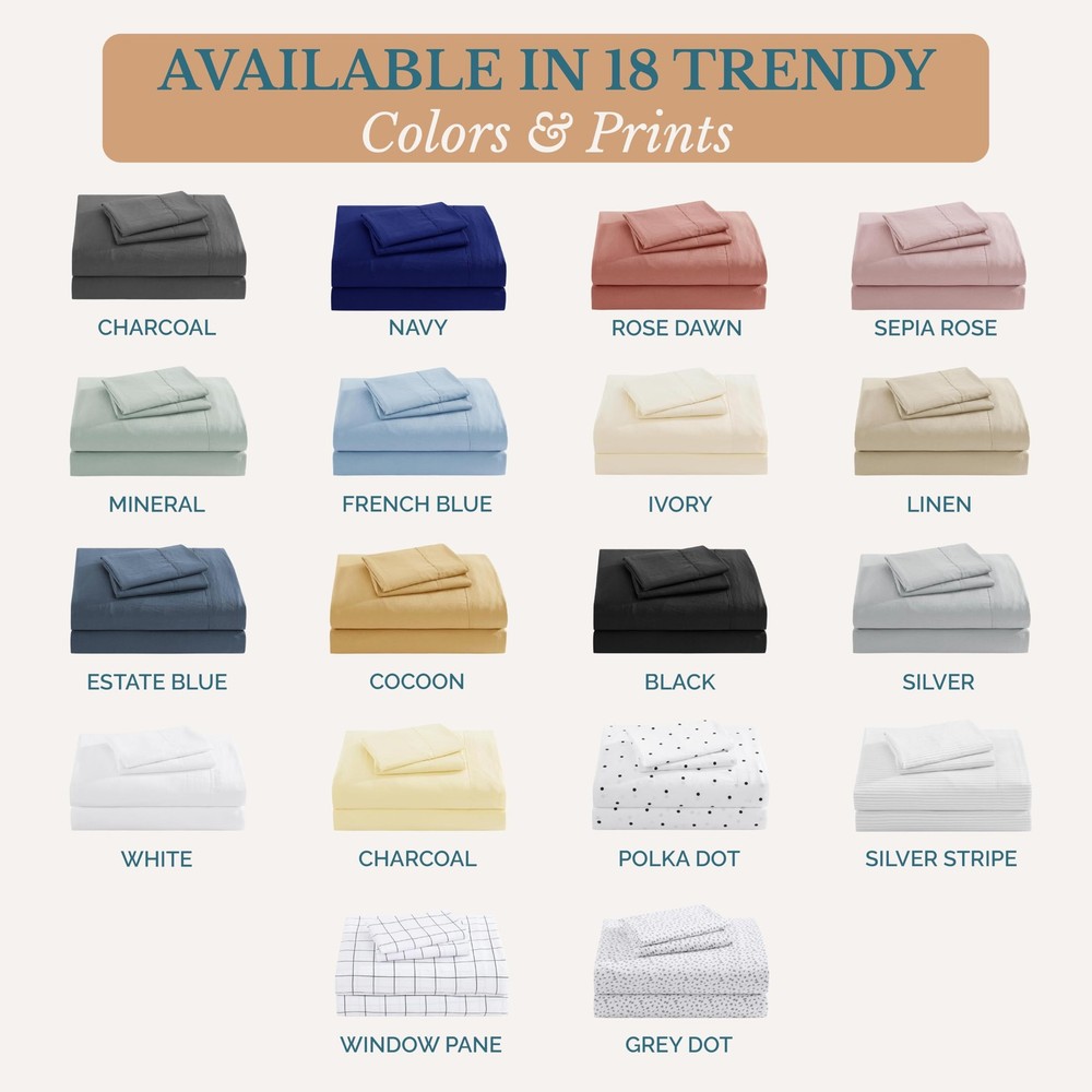 Bedding Sheets & Pillowcases, Pre-Washed Ultra Soft & Breathable Bed Sheets T...
