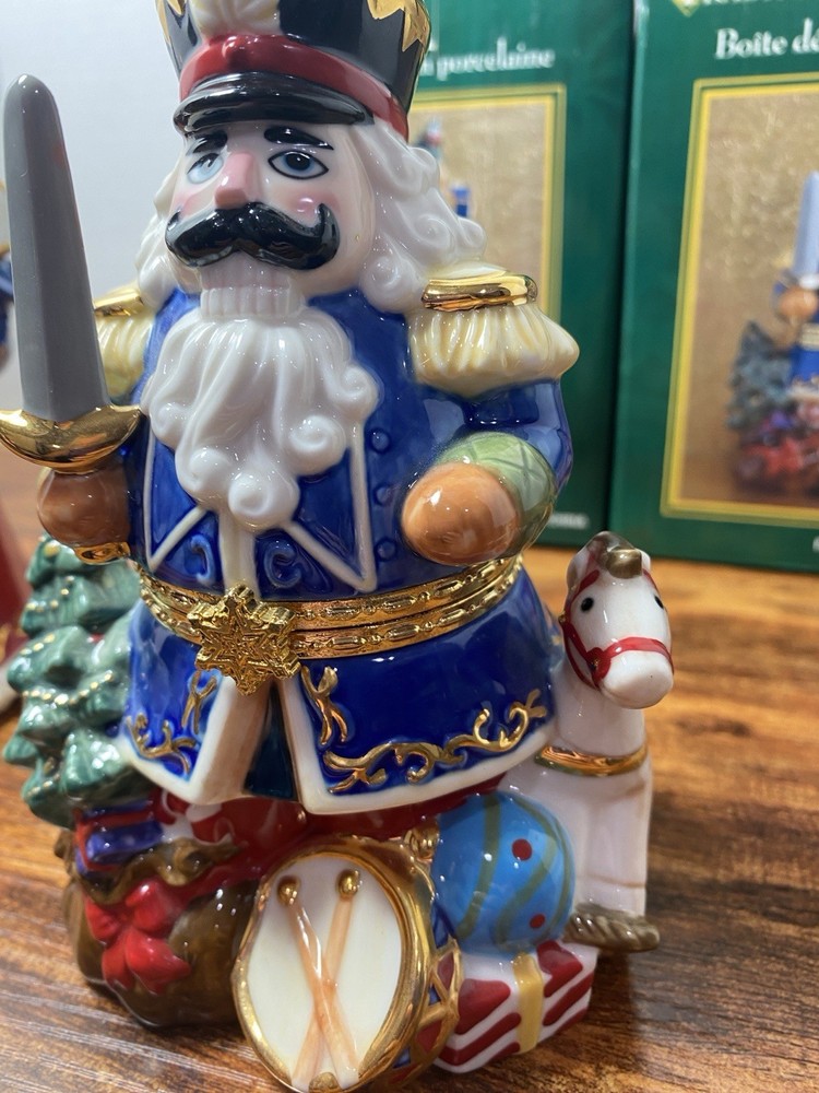 2 Traditions Porcelain Decorative Keepsake Box Hand Painted Santa & Nutcracker