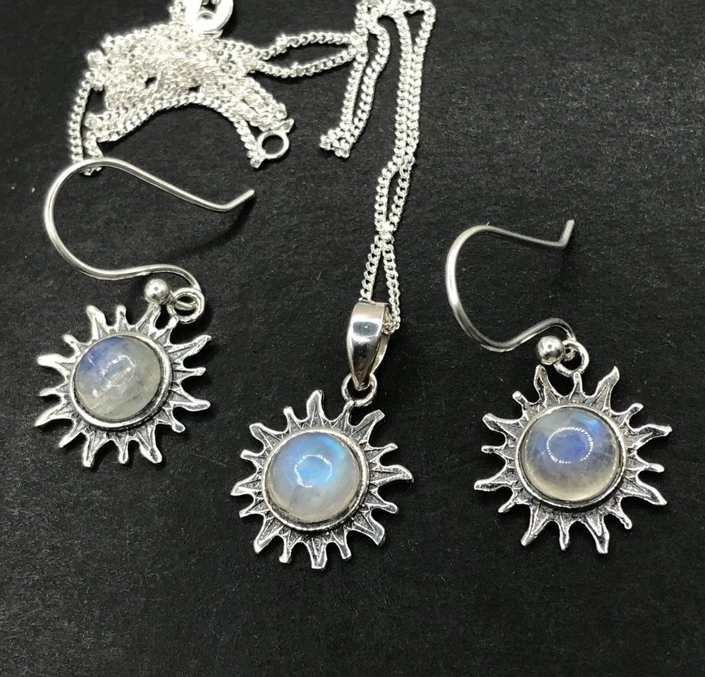 Rainbow moonstone pendant earrings set, solid Sterling silver, sun, gift box.