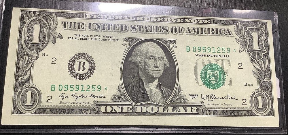 1977 $1 STAR NOTE ERROR DOWNSHIFT PRINT/MISCUT STAR NOTE ERROR