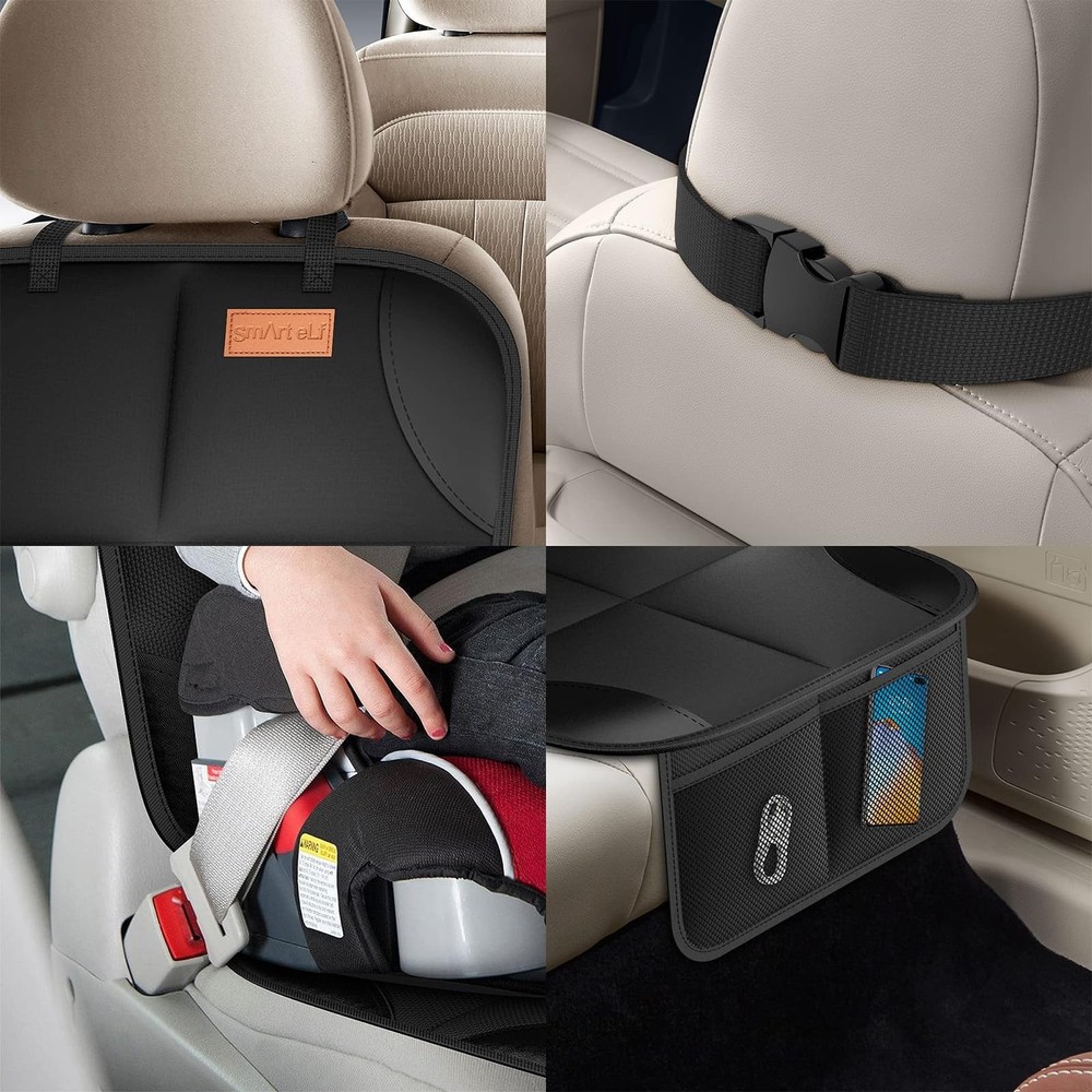 Car Seat Protector 2Pack Thickest Padding Non Slip Backing Mesh Pockets Smart