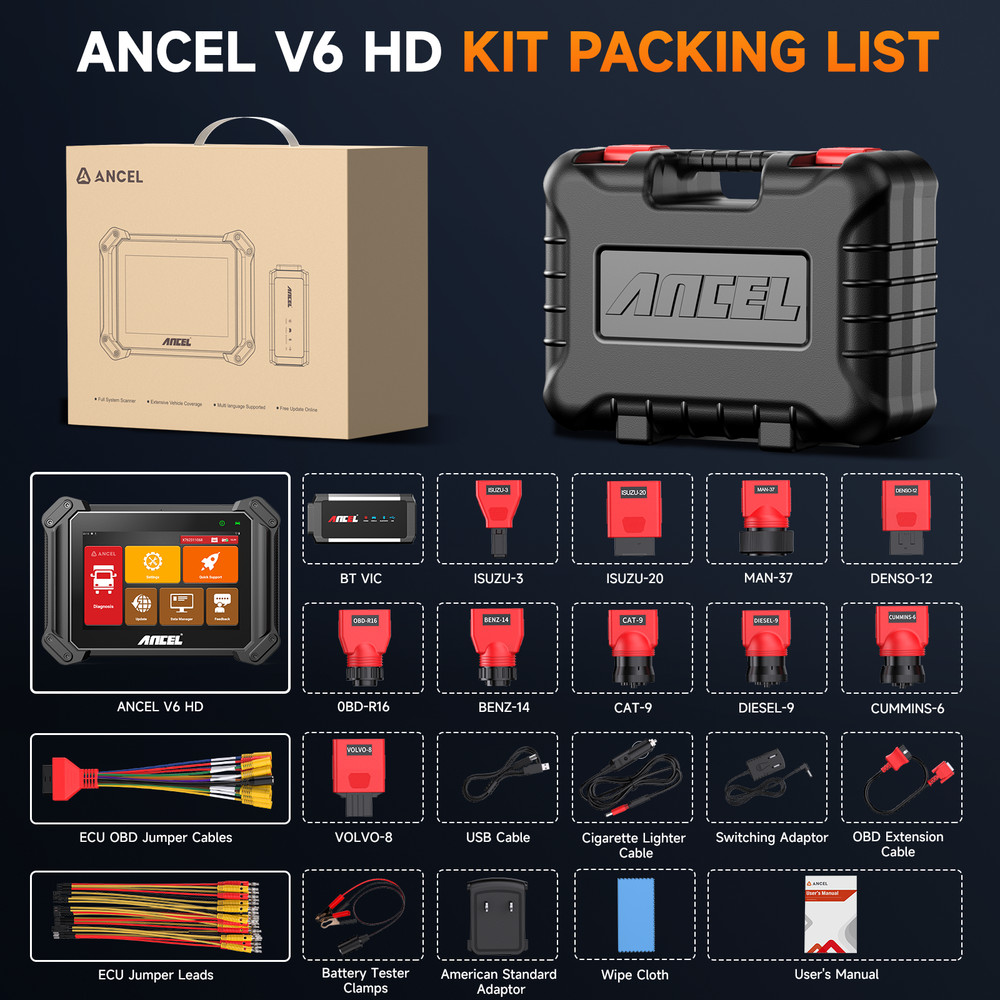 ANCEL HD Truck OBD Scanner Diagnostic Bidirectional Test E-CU Coding DPF Regen