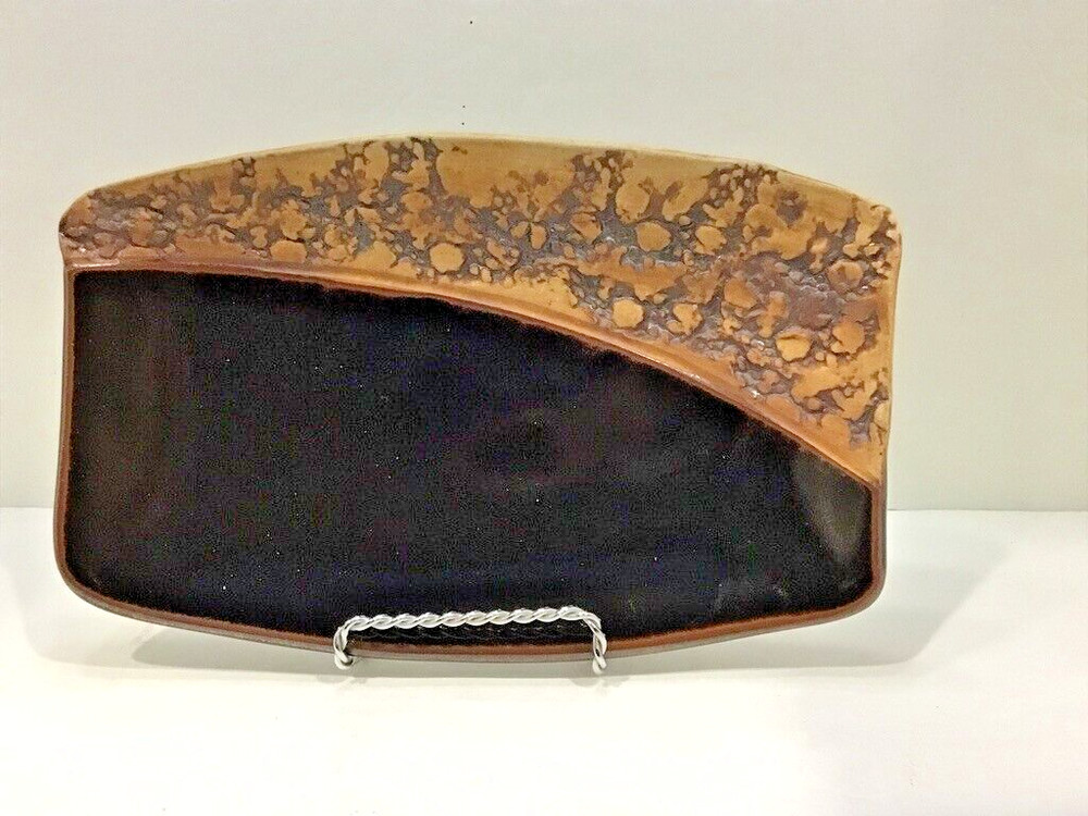 Handmade Art Pottery Brown Rectangular Dish Tray Signed