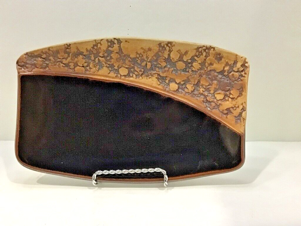 Handmade Art Pottery Brown Rectangular Dish Tray Signed