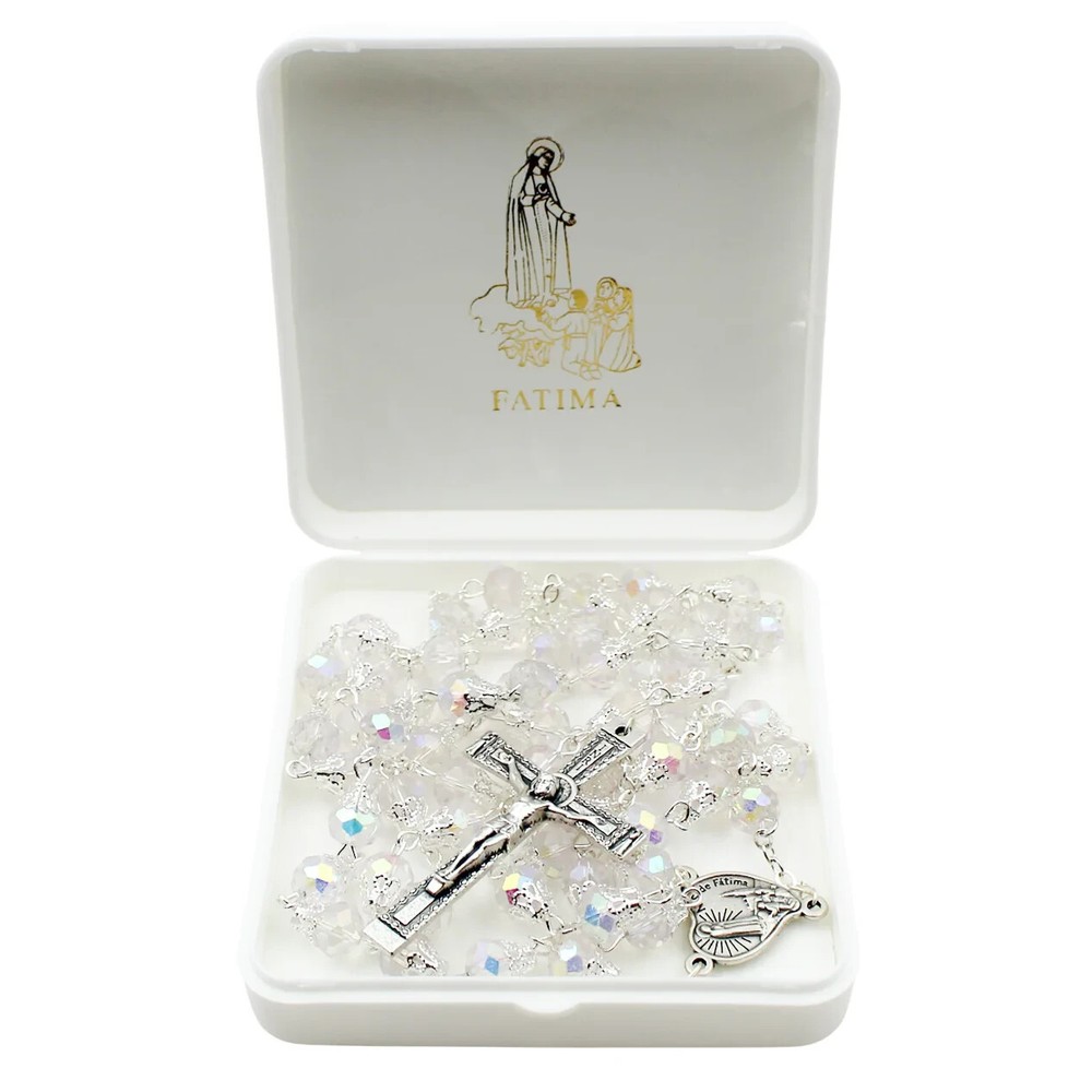 Our Lady of Fatima Rosary – 8mm Crystal Beads with Silver Tone Crucifix