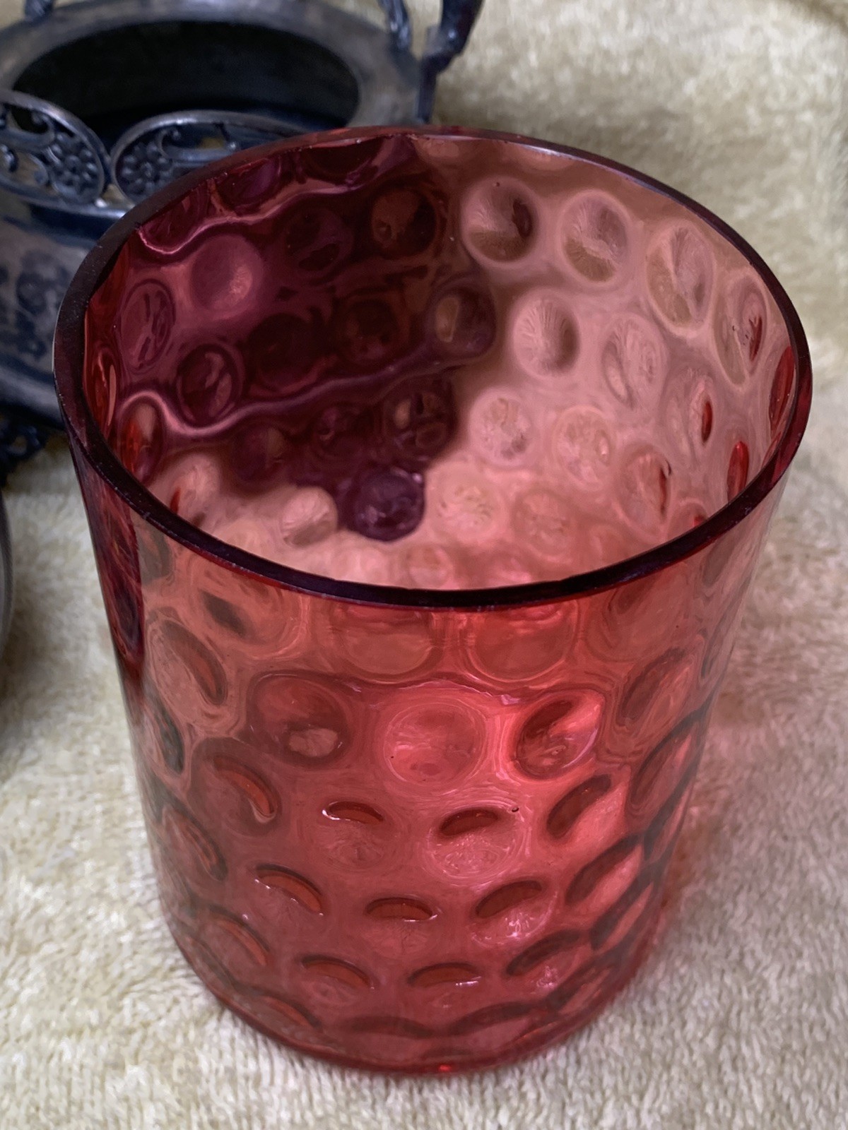 Antique Victorian Style Pickle Castor W/ Tongs Coin Dot Glass Cranberry Red