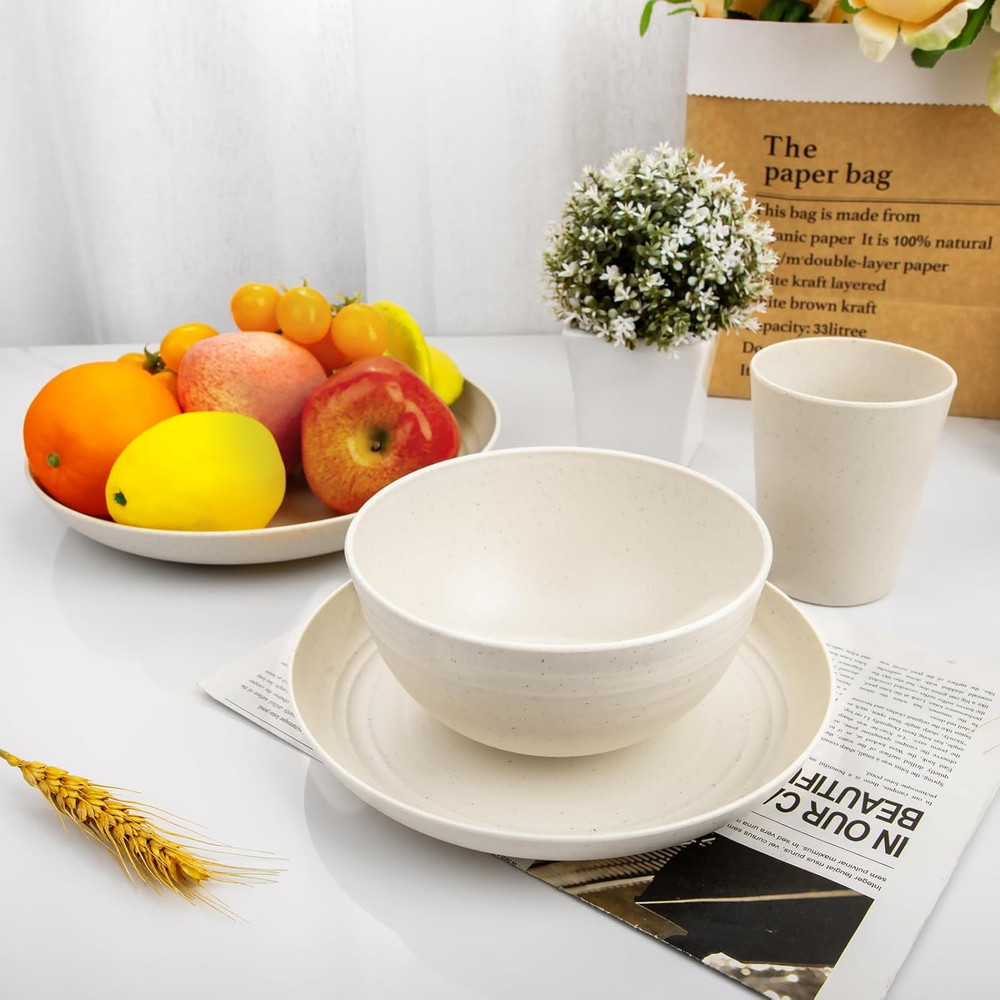 24 Pcs Wheat Straw Dinnerware Sets, Unbreakable Reusable Plastic Wheat Straw Bow