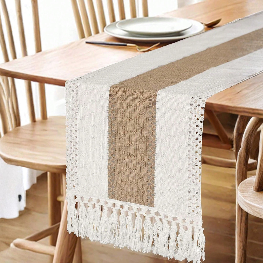 Boho Table Runner With Tassels Cream & Brown Macrame Woven Table Runner Mat