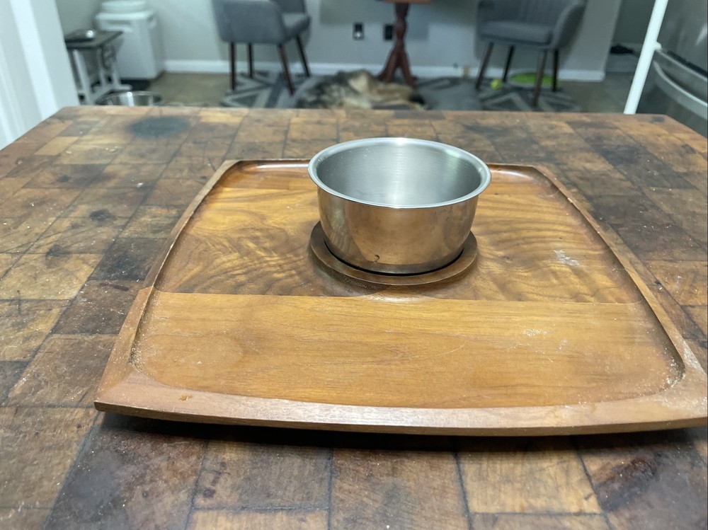 VTG Flair Buffet Set Solid Walnut Square Serving Tray Stainless Bowl