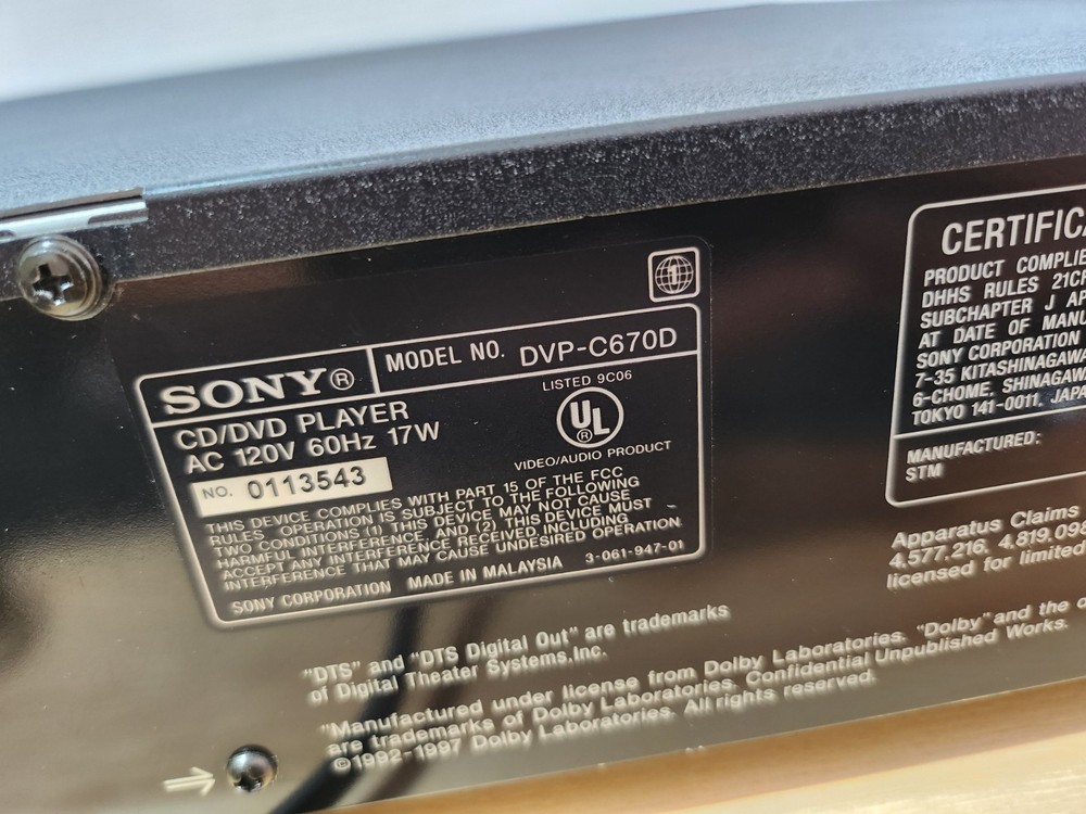 Sony CD/DVD PLAYER Model No. DVP-C670D
