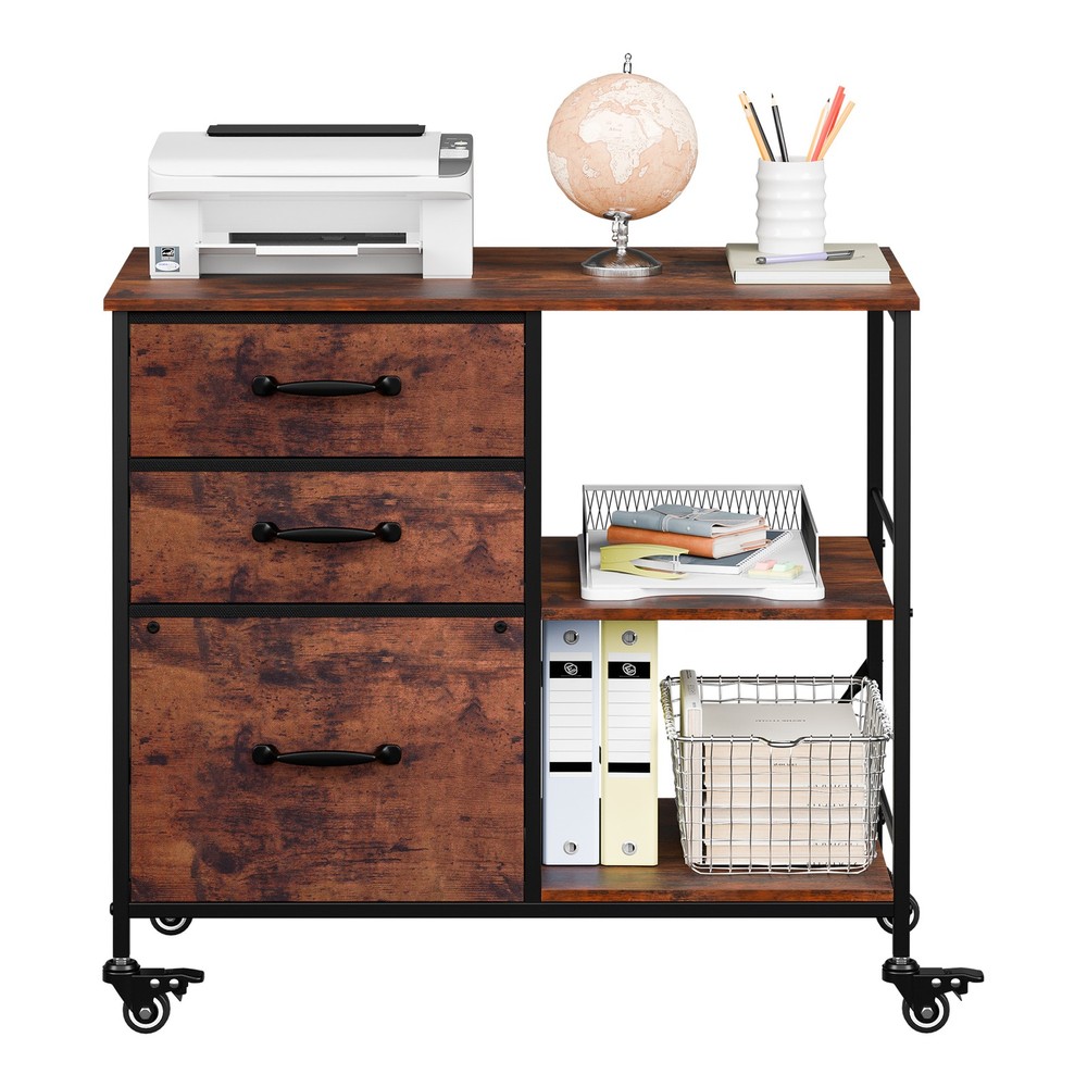Mobile File Cabinet w/ 3 Drawers & Open Shelf Rolling Printer Stand Rustic Brown
