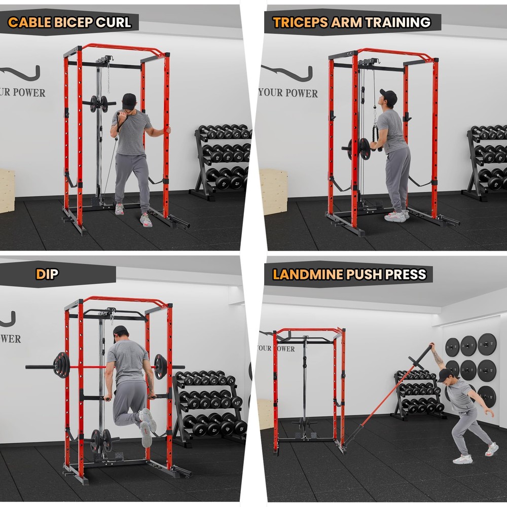 Power Cage, 1600LBS Multi-Functional Power Rack w/LAT Pulldown Workout Home Gym