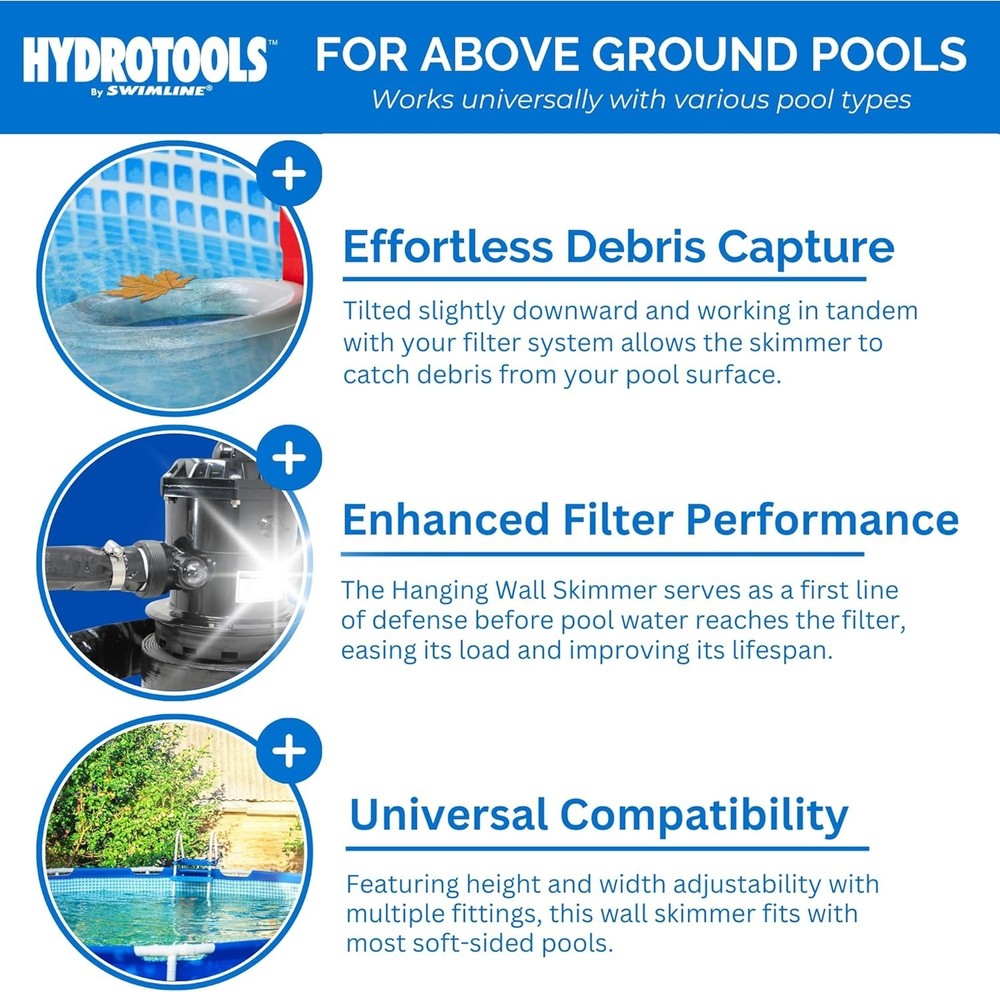 HYDROTOOLS Wall-Mounted Pool Surface Skimmer Kit - Effortless Automatic Cleaning