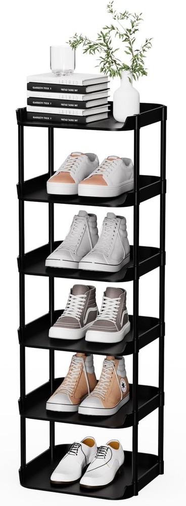6 Tier Vertical Narrow Shoe Rack, Stackable Tall Skinny Shoerack, Compact Single