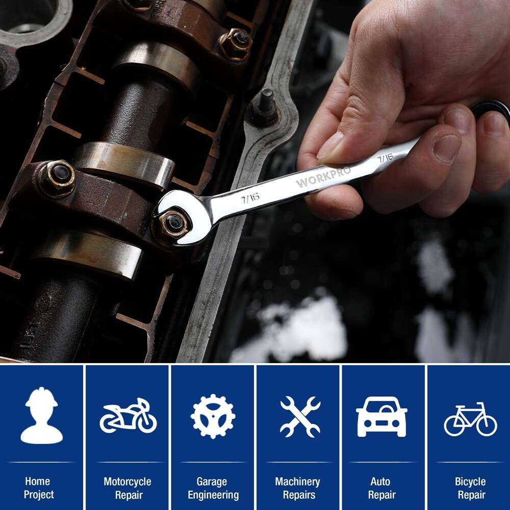 WORKPRO 7/16" Ratcheting Combination Wrench SAE 15-Degree Offset CR-V