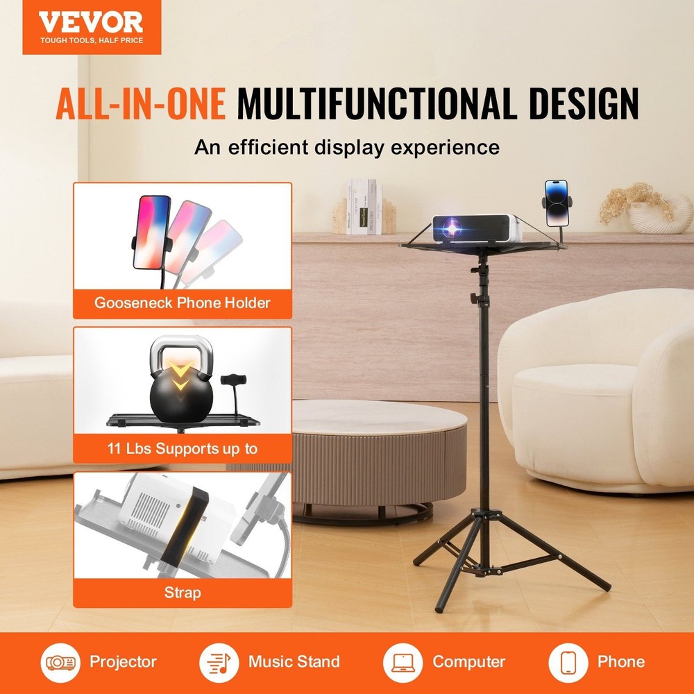 Efficient Projector Stand with Base Tray 26.97-63in 22lb Load Black