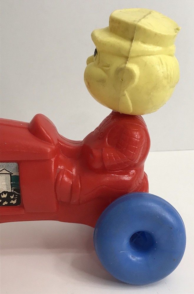 Empire Tractor & Farmer Bobble Head Pull Toy Blow Mold Original Pull String READ