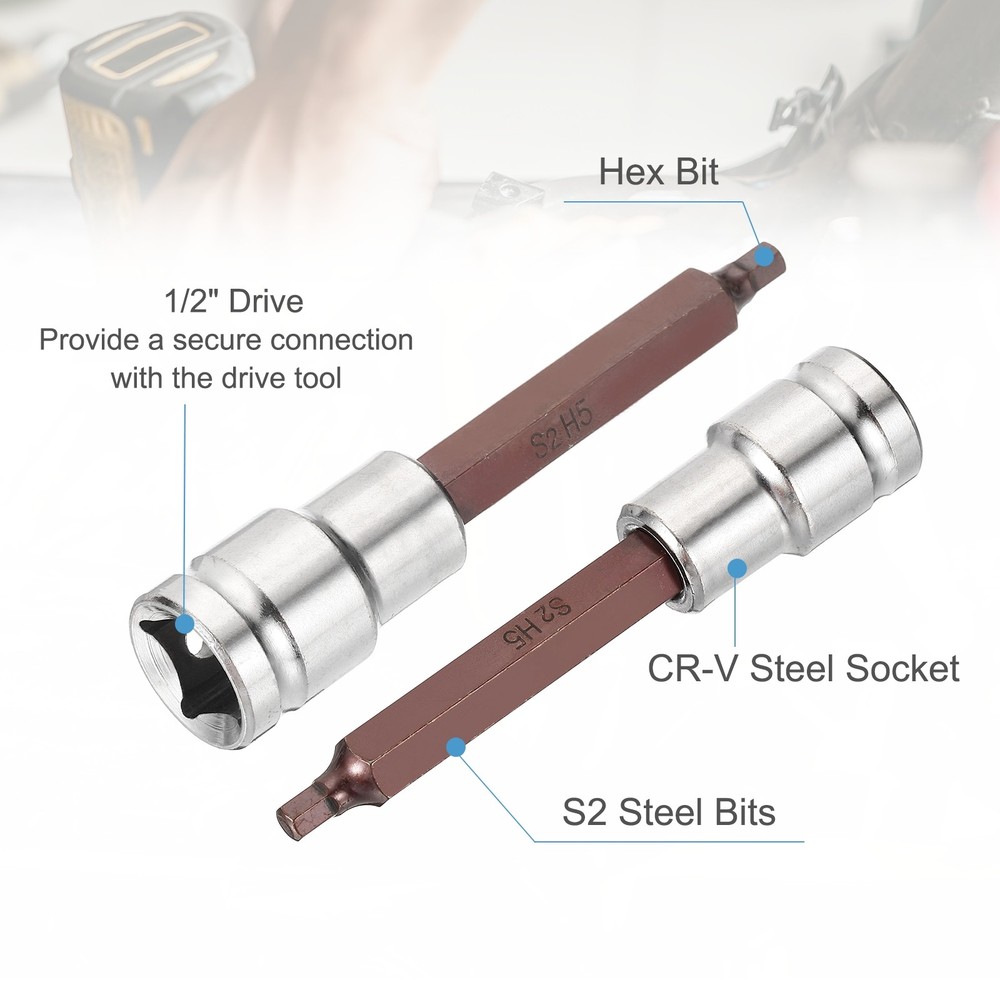 Hex Bit Socket H5 1/2" Drive 4" Length S2 Steel Long Bit CR-V Socket
