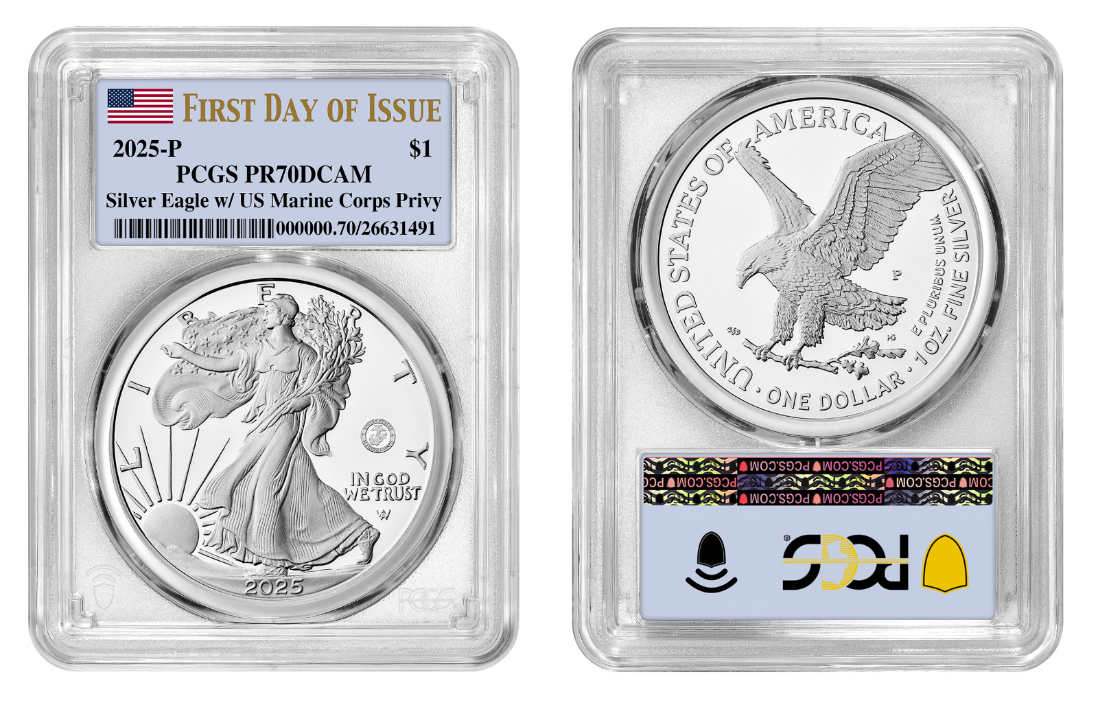 2025 P Silver American Eagle $1 Marine PCGS PR70DCAM First Day of Issue #255